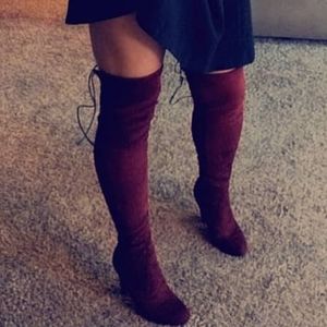 Thigh high maroon velvet booties